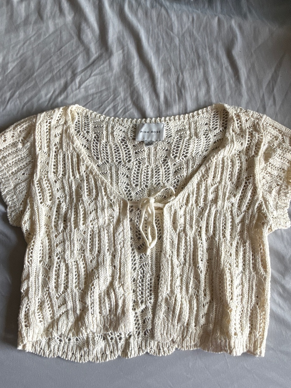 Pink Rose Cream Openwork Cropped Knit Tie-Front Top